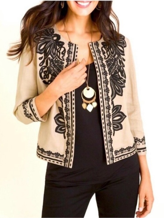 Chico's Jackets & Blazers - Chico's Jacket 100% Linen Tan Open Jacket with Black Embroidery Chicos Size 3